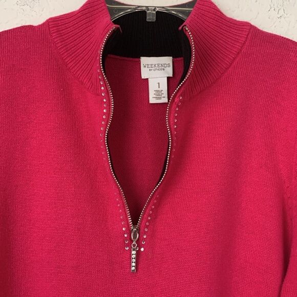 Weekends by Chico’s 1/4 Zip w/ Rhinestones Pink Women’s Sweater Size 1/ M/ 8 - Picture 5 of 10